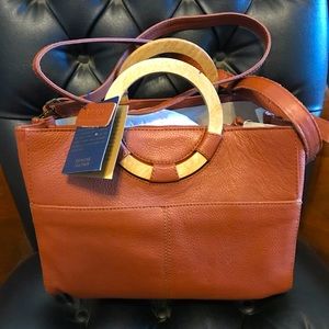 RACHEL ROY Leather Satchel Brown w/ Wood Handles Handbag Crossbody Purse